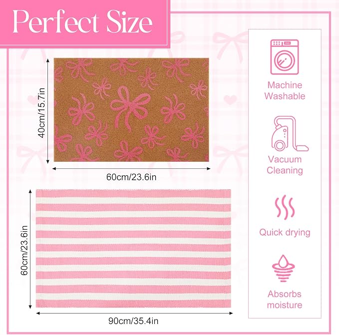 2 Pcs Outdoor Door Mat Combo Set Layered Outdoor Rug and Coir Welcome Doormat Non Slip Outside Floor Mat for Front Porch Entryway Patio Yard Decor(Light Pink Bow,24'' X 35'',24'' X 16'')