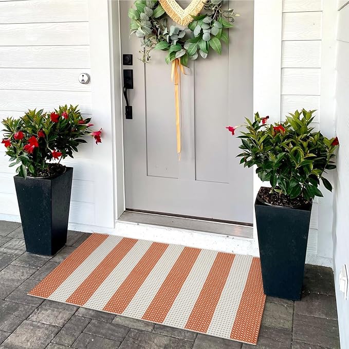 OJIA Front Door Mat 24"x36" Cotton Woven Washable Striped Porch Rug Indoor Outdoor Doormat Small Outdoor Rugs Farmhouse Entry Kitchen Throw Rug for Layered Door Mats (Orange/White/Tan)