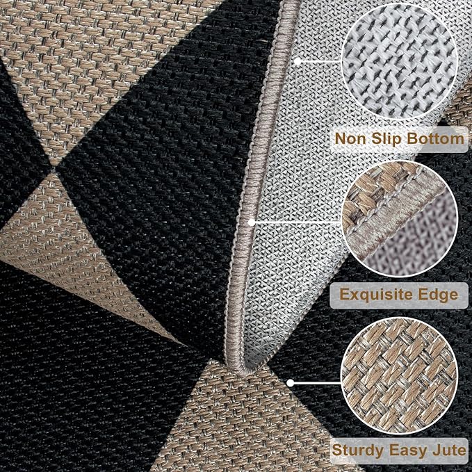 Rugalia Easy Jute 5x7 Outdoor Patio Rug, Washable Black Checkered Rugs for Living Room, Non-Slip Farmhouse Diamond Outdoor Mat Neutral Abstract Floor Carpet for Patio Dining Room Backyard