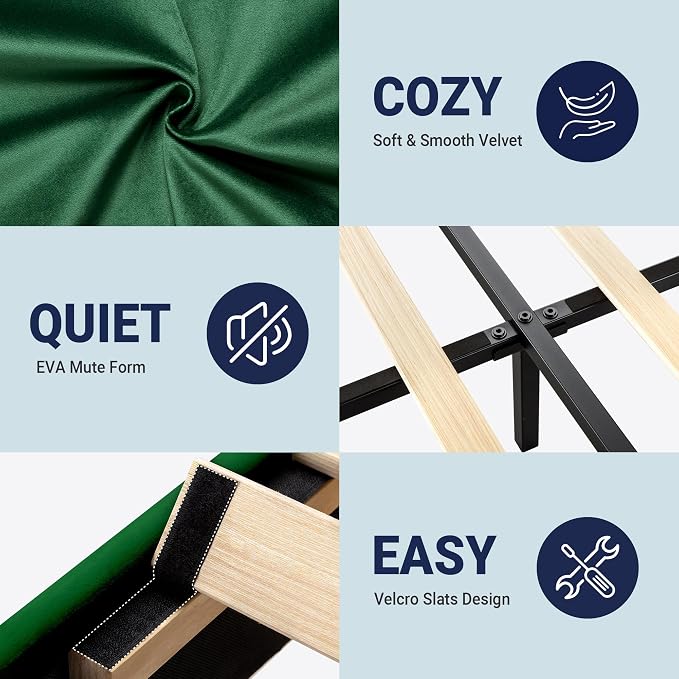 Allewie California King Size Platform Bed Frame with Adjustable Headboard | Plush Velvet Upholstered, Vertical Channel Tufted, Sturdy Wood Slats, No Box Spring Needed, Easy Assembly, Green