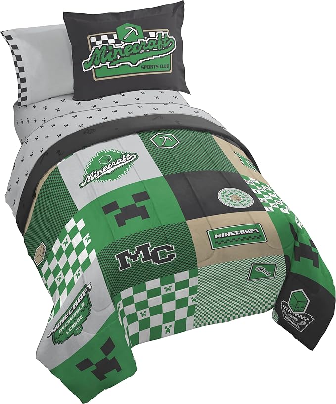 Minecraft Creeper Full Size Comforter Set 7 Piece Kids Bedding, Multi | Zombie Enderman, Comforter Sheets Shams Pillowcases, Official Product, Soft Microfiber, Machine Washable, Boys Gift