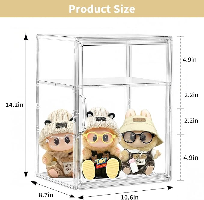 Attelite Acrylic Display Case for Collectibles 3 Adjustable Layers 2Pack | Easy Assembly, Clear Display for Figures,2 Tier Clear Storage Bin, Stackable Acrylic Box, Magnetic Door,Dustproof