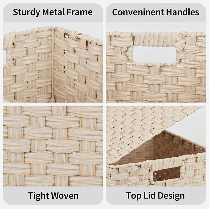 GRANNY SAYS Wicker Storage Baskets with Lids, Set of 3 Decorative Storage Boxes, Baskets for Organizing, Butter Milk, 3-Pack