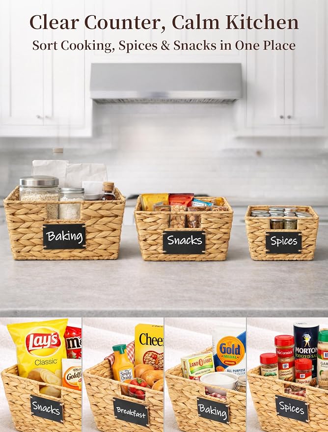 Pantry Baskets, 3 Pack Wicker Storage Baskets for Shelves, Natural | Water Hyacinth Baskets for Organizing, 3-Size Pantry Bins with Chalkboard and Marker for Shelf, Snack, Kitchen, Bathroom