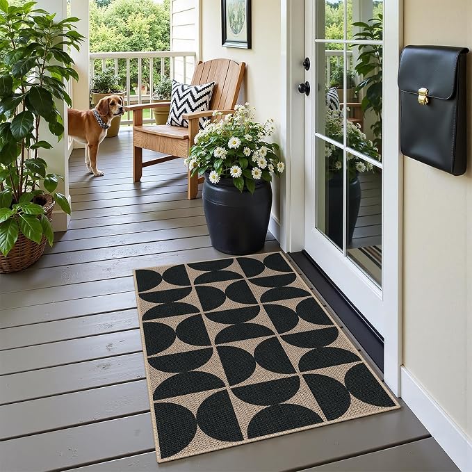 Easy Jute 2x3 Black Semicircle Area Rug,Washable Entryway Rug, Small Modern Door Carpet,Neutral Non-Slip Outdoor Indoor Farmhouse Rug for Kitchen Patio Entry Porch