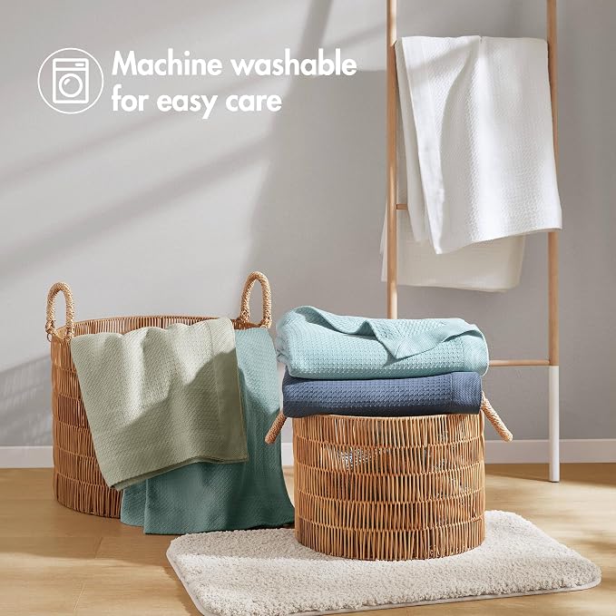 Madison Park 100% Egyptian Cotton Twin Bed Blanket for Summer Sage Green | Cozy Soft Breathable Durable, Waffle Weave Woven Casual, Lightweight Knit All Season Throw for Bed Couch or Sofa, OEKO TEX