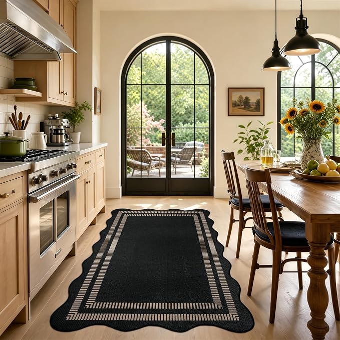 EDIMENS Scalloped Easy Jute 3x5 Outdoor Rug, Washable Non-Slip Geometric Black Rugs for Entryway, Indoor Outdoor Farmhouse Rug Modern Carpet Door Mat Area Rug for Patio Living Room Porch Kitchen