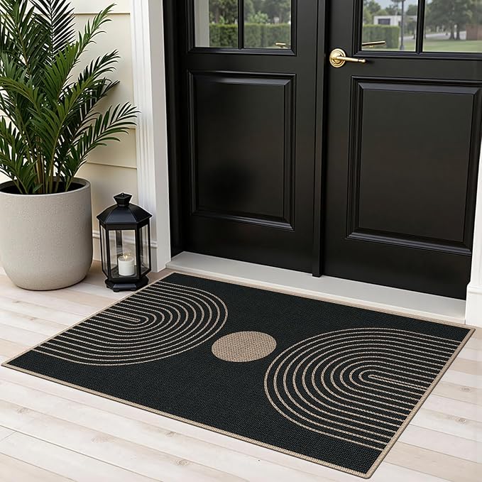 Easy Jute 2x3 Black Rainbow Area Rug,Washable Entryway Rug, Small Modern Door Carpet,Neutral Non-Slip Outdoor Indoor Farmhouse Rug for Kitchen Patio Entry Porch
