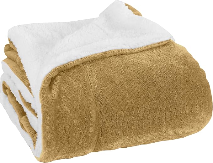Elegant Comfort Reversible, Solid Sherpa Throw Blanket, All-Season Blanket- Super Soft, Cozy and Plush- Decorative Throw, Perfect for Lounging, 50 x 60 inches, Sherpa Throw Gold