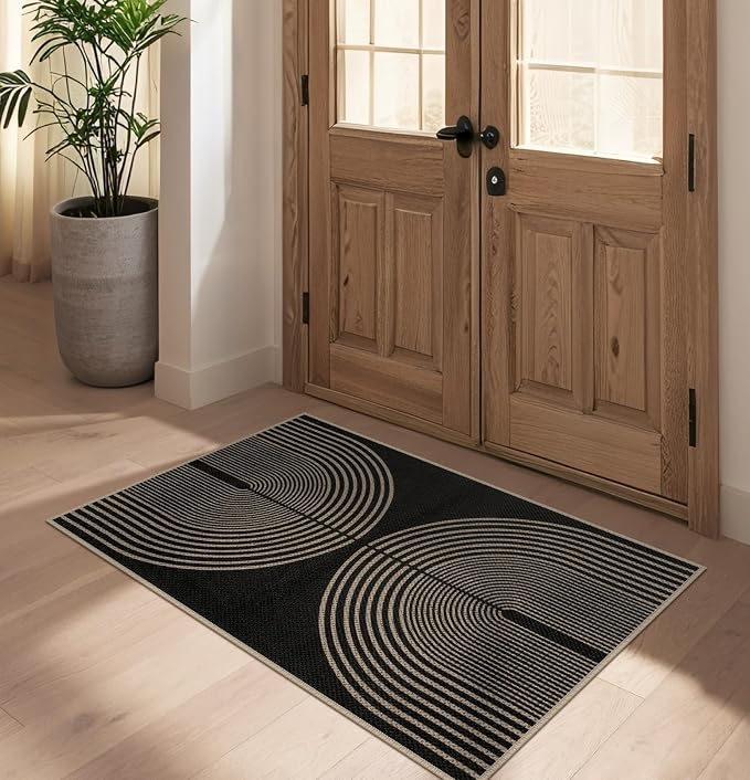 Rugalia Easy Jute Rainbow Entryway Rug, 2.6x4 Black Washable Non-Slip Indoor Outdoor Doormat, Boho Farmhouse Neutral Kitchen Rug Modern Abstract Throw Rugs for Entrance Bedroom Bathroom