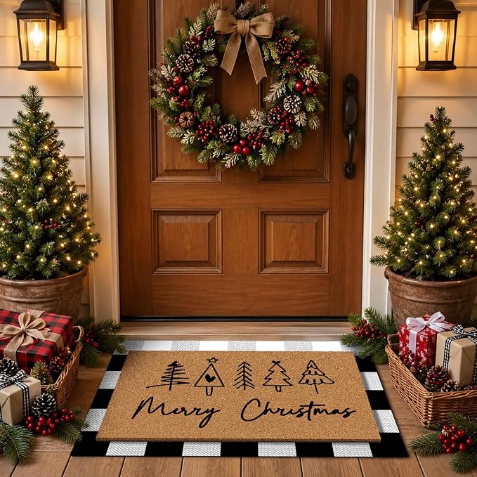 Tinideya 2 Pcs Door Mat Welcome Non Slip Coir Mats Floor Layering Doormats Seasonal for Front Porch Entryway Decor(Christmas)