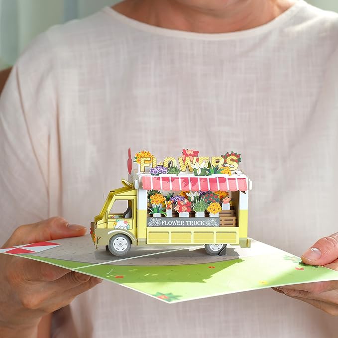 Paper Love Pop Up Cards 2 Pack - Includes 1 Butterflies and 1 Flower Truck, For All Occasions, Mother Day, Birthday, Just Because- Includes Envelope and Note Tag