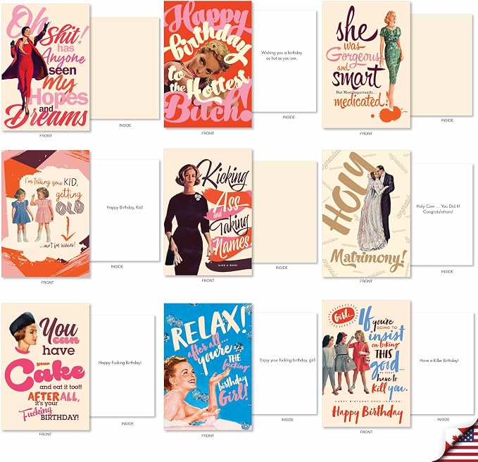NobleWorks - 36 Assorted Funny Mixed Occasions Blank Greeting Cards Bulk Box Set w/Envelopes, Adult Humor Get Well, Variety Pack for Men and Women (36 Designs, 1 Each) - Mega AC9135XXG-B1x36