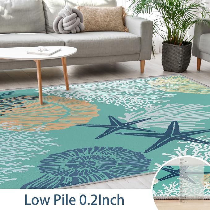Tritard Coastal Runner Rug Nautical Hallway Rugs Beach Themed Non-Slip Machine Washable Rugs Modern Floor Carpet for Living Room Bedroom, 2x6, Teal and Turquoise