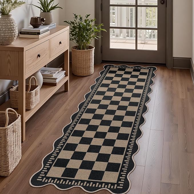 Checkered 2x6 Kitchen Runner Rug, Washable Rugs for Entryway Non Slip Outdoor Indoor Checkerboard Hallway Rug, Farmhouse Scalloped Carpet for Front Door Bedroom Laundry