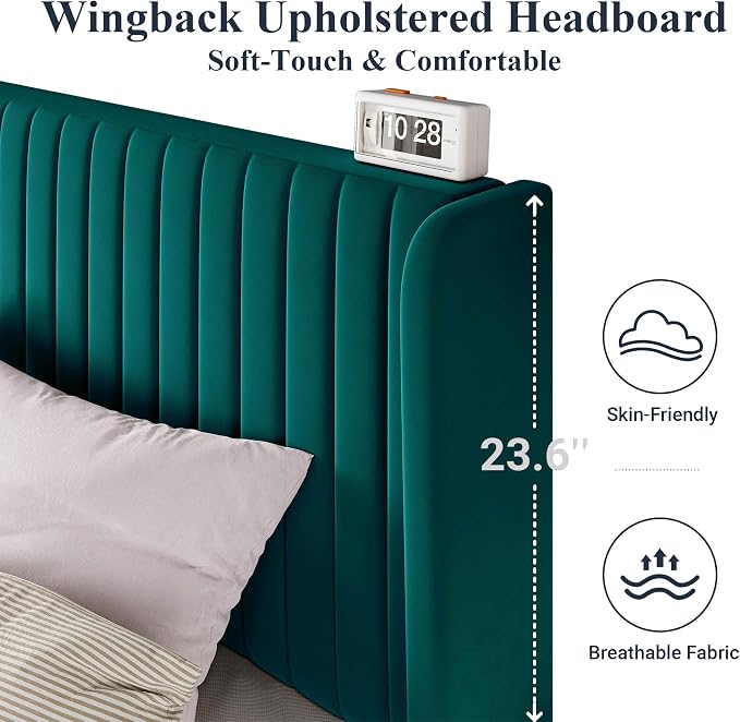 Allewie Full Size Bed Frame/Velvet Upholstered Platform Bed/Vertical Channel Tufted Wingback Headboard/Strong Wooden Slats/No Box Spring Needed/Easy Assembly/Teal