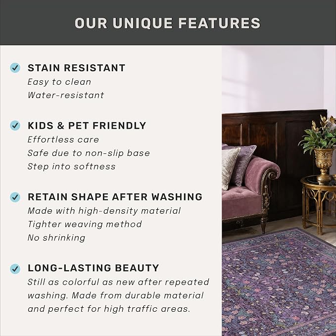 Vintage Violet Floral 4x6 Large Entryway Area Rug - Boho Purple Washable Living Room Rug, Low Pile Non-Slip Rugs for Dining Room Under Kitchen Table, Traditional Oriental Plum Decor & Stain Resistance