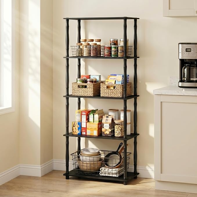 Furinno Turn-N-Tube 5-Tier Multipurpose Shelf / Display Rack / Storage Shelf / Bookshelf, Classic Tubes, Americano/Black | Open Shelves Corner Bookshelf, Display Storage Shelves, Classic Tubes, for Organization, Living Room, Home Office