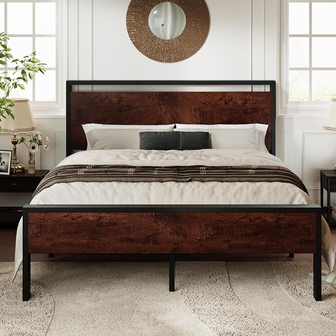 Allewie Queen Size Bed Frame, Heavy Duty 12 Metal Slats Support, Mahogany | Wooden Headboard and Footboard, Modern Platform Bed, No Box Spring Needed, Under-Bed Storage, Noise Free, Easy Assembly