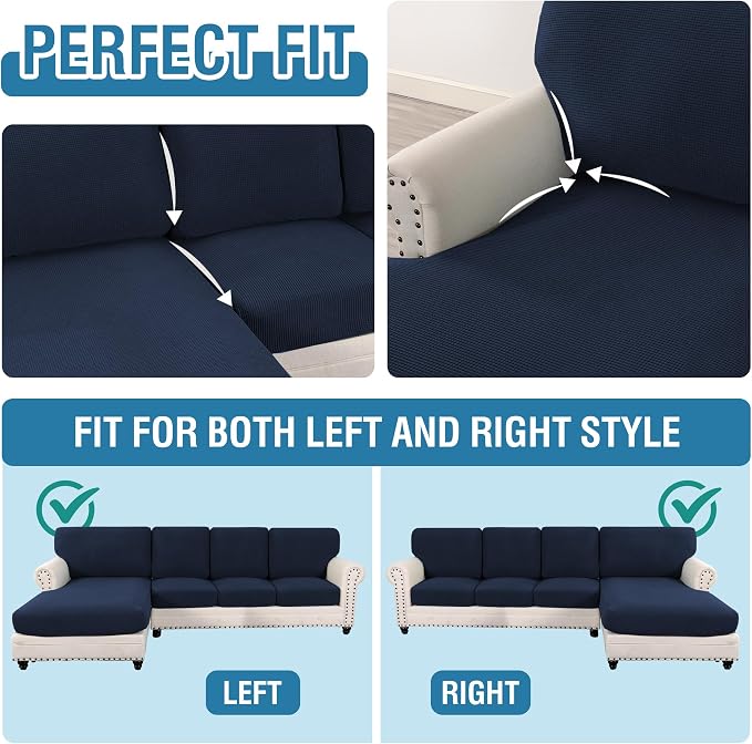 H.VERSAILTEX Sectional Couch Covers 8 Pieces Stretch Sofa Covers for Sectional Sofa Set Separate L Shaped Couch Cover for Both Left/Right Couch (Seat and Back: 1 Chaise + 3 Sofa, Navy)