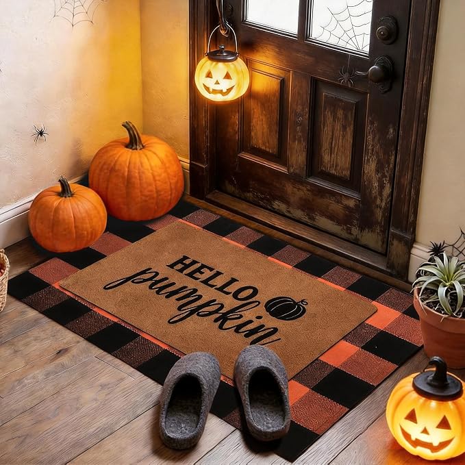 2 Pcs Halloween Decor Door Mat Combo Set, Coir Welcome Mat & 27.5 x 43 Inches Orange and Black Plaid Rug,Layered Buffalo Plaid Mat for Front Porch Entryway, Indoor Outdoor Welcome Mats