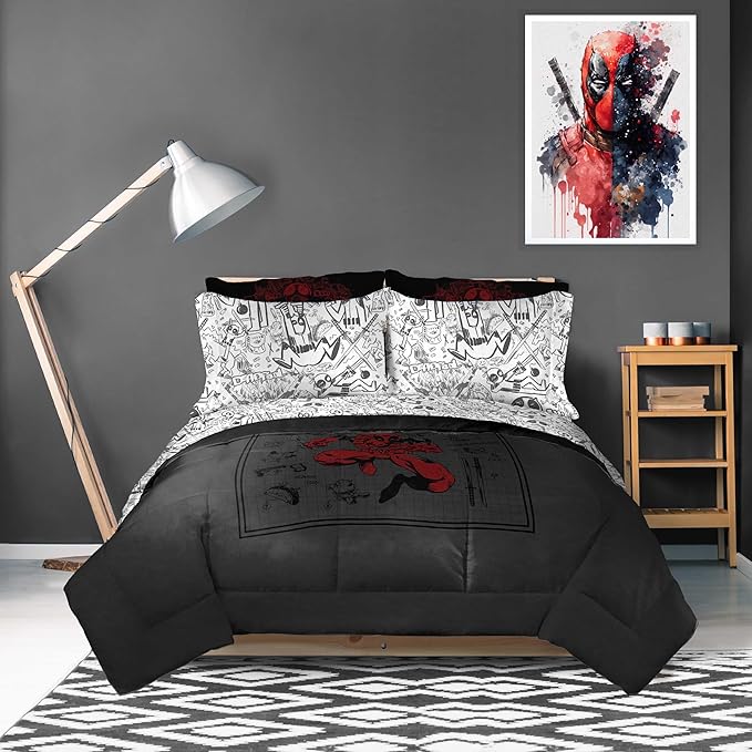 Marvel Deadpool Queen Comforter Set 7 Piece Bedding for Boys, Gray | Bed in a Bag, Comforter Sheets Shams Pillowcases, Official Product, Soft Microfiber, Machine Washable, Boys Gift