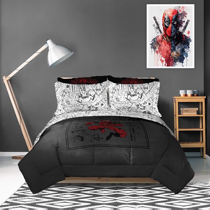 Marvel Deadpool Full Comforter Set 7 Piece Soft Bedding for Boys, Gray | Bed in a Bag, Comforter Sheets Shams Pillowcases, Official Product, Soft Microfiber, Machine Washable, Boys Gift
