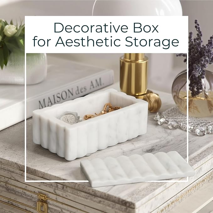 Marble Decorative Storage Box with Lid – Sculpted Fluted Home Organizer Keepsake Boxes for Jewelry – Chic Decorative Box for Office and Home Decor – 4"x3", White