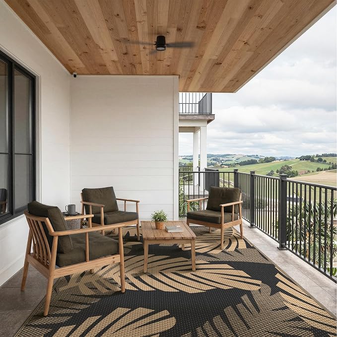 GENIMO Outdoor Rug, Waterproof Plastic Rugs for Patio, 6'x9' Black Brown | Outside Larger Leaf Carpet Mat for Porch Decor, Deck, Balcony, Camping, RV, Backyard, Picnic, Beach, Reversible, Foldable