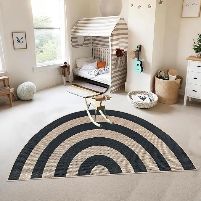 Faux Jute Rug 3x6Ft Half Circle Rainbow Doormat Easy Jute Carpet for Farmhouse Bedroom Kitchen, Non-Slip Half Round Neutral Floor Mat for Living Room Kids Room Indoor Outdoor Decor, Black 2