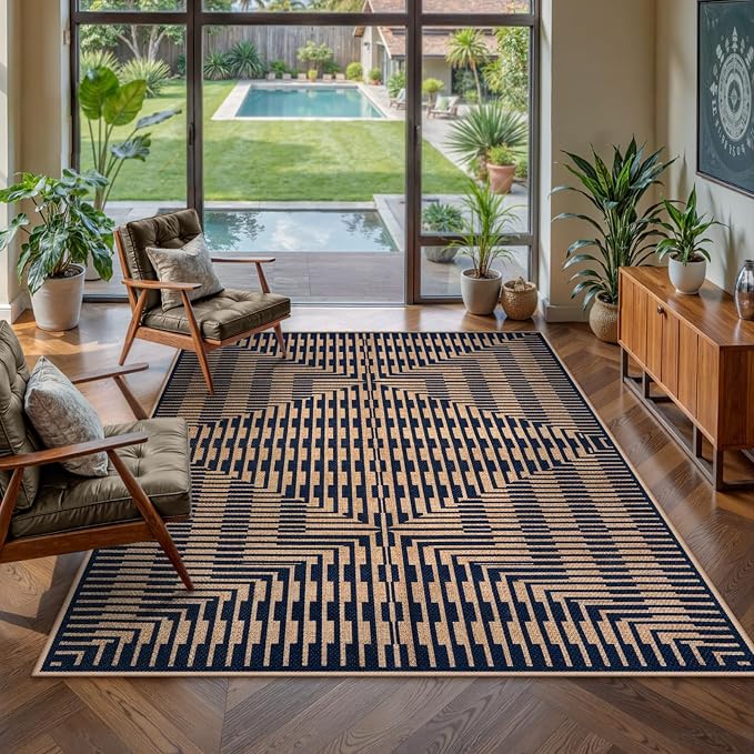 LIVEBOX Easy Jute Outdoor Rug 5x7, Washable Non Slip Area Rug, Farmhouse Striped Carpet for Patio, Dining Room, Backyard (Dark Blue)