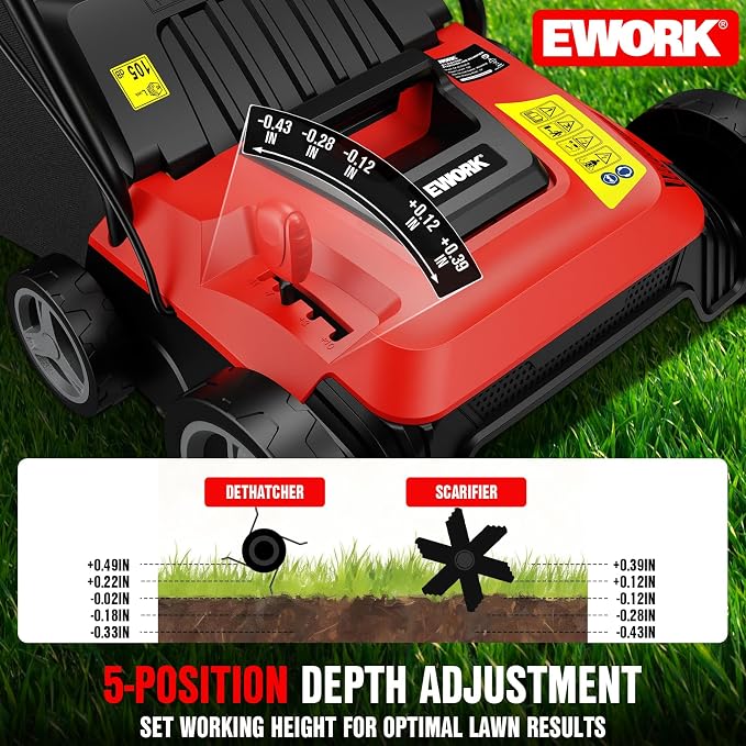 EWORK Electric Dethatcher and Scarifier 14-Inch 12 Amp with Grass Catchers | 2-in-1 Lawn Dethatcher and Aerator with 9.2 Gal Collection Bag, Blade Replacement without Tool, 5-Position Depth Adjustment