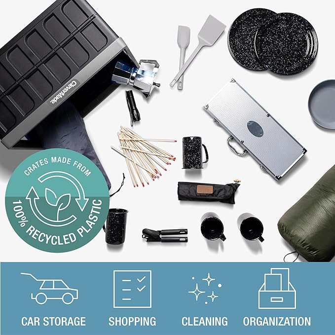 CleverMade Collapsible Storage Bins with Lids, 46L, 3 Pack, Obsidian | Each bin supports 75 lb and stacks with or without its lid. The lid stores underneath, and the crate folds to 2.5 inches.