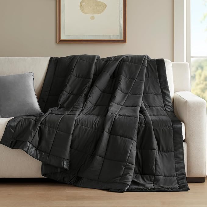 Madison Park Down Alternative Queen Blanket for Bed, Satin Trim, Black | Lightweight Windom Blanket Full Size Premium 3M Scotchgard Moisture Wicking Treatment, OEKO TEX, Soft Bed Cover, All Season