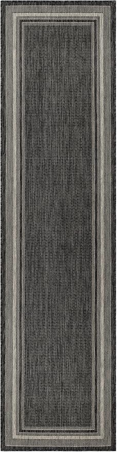 Unique Loom Outdoor Border Collection Area Rug - Soft Border (2' 7" x 10' Runner, Black/ Ivory)