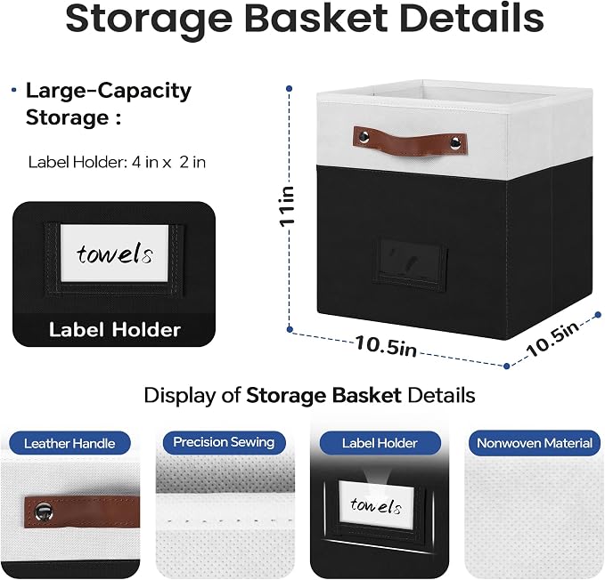 FinishingBo 10.5" x 11" Storage Bins with Labels 6 Pack | PU Leather Handles, Foldable Storage Cubes, Storage Baskets, Closet Storage, White/Black