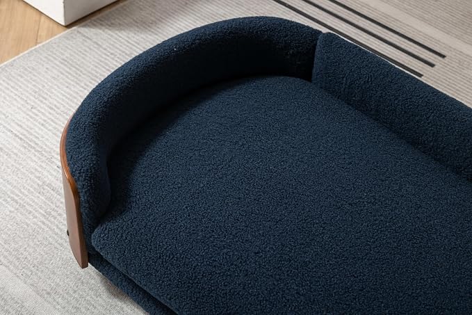 Scandinavian Style Elevated Dog Bed Pet Sofa with Solid Wood Legs and Bent Wood Back, Velvet Cushion, Large Size, Walnut Frame & Dark Blue Cushion