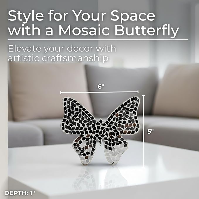 Decorative Sculpture Table Top – Glass Mosaic Butterfly Overmantel Modern Coffee Table Decor - Mango Wood Accent Piece for Coffee Tables, Shelves & Living Rooms – Elegant Home Decor – 5", White