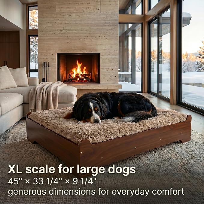 Elevated Wooden Dog Bed with Foam Mattress, Walnut, X-Large | Raised Dog Bed with Washable Cover and Supportive Foam Mattress, Crafted for Large Dogs and Modern Homes