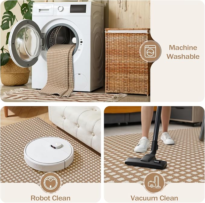 Rugalia Washable Woven Indoor Outdoor Doormat, 2x3 Camel Cotton Small Entryway Rug Low Pile Non-Slip Kitchen Rug, Modern Plaid Throw Carpet for Porch Bathroom Entrance Bedroom