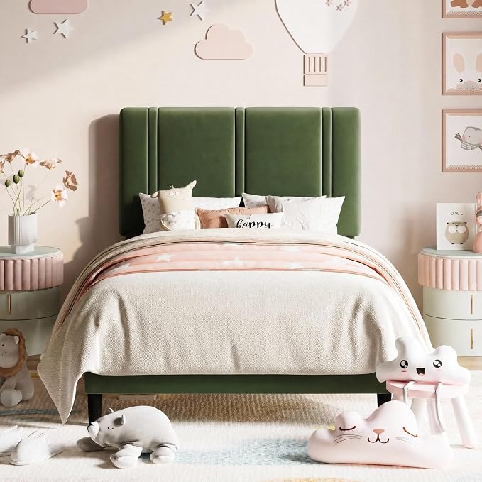 Allewie Twin Size Platform Bed Frame with Adjustable Headboard | Plush Velvet Upholstered, Vertical Channel Tufted, Sturdy Wood Slats, No Box Spring Needed, Easy Assembly, Green