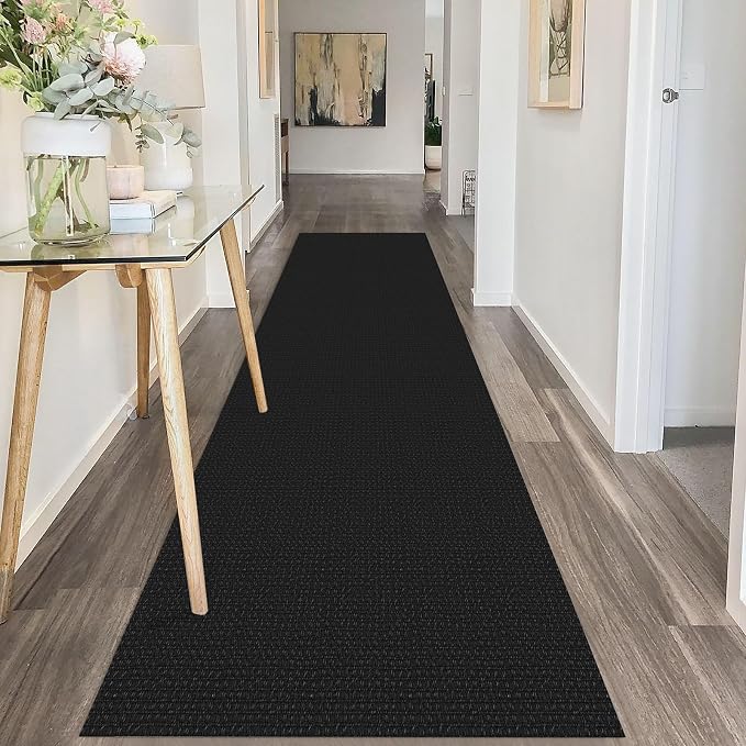 IOHOUZE Washable Runner Rug 2.6x10 Non Slip Rubber Backed Long Hallway Runner Entryway Runner Indoor, Kitchen Rugs Woven Cotton Floor Carpet for Hall Entrance, Black/Grey