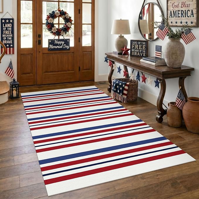 KOZYFLY 250th Anniversary Patriotic Doormat Blue Red White Striped Rug 4x6 ft Front Door Rugs 4th of July Memorial Day Woven Washable Outdoor Rug for Front Porch Farmhouse Patio Independence Day Decor
