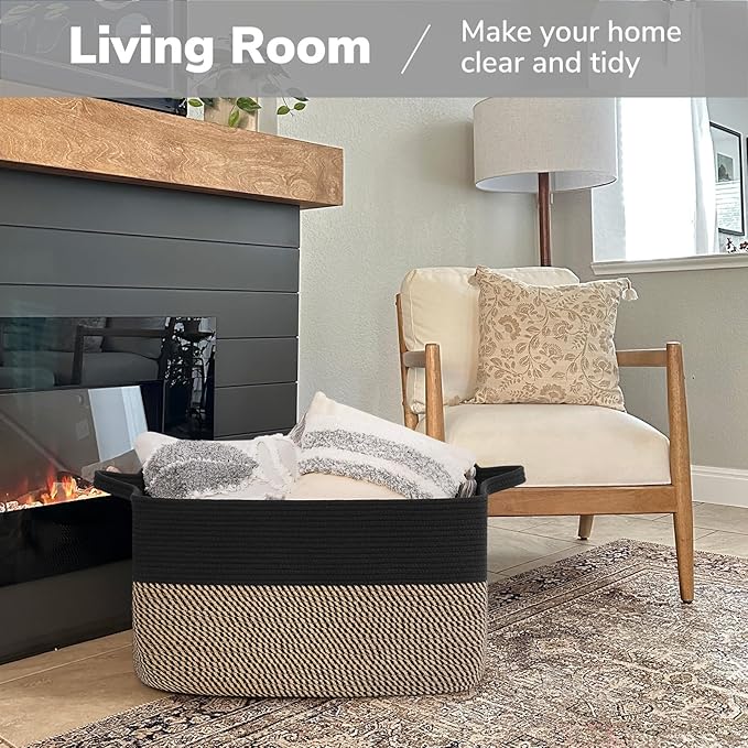 Goodpick 75L Extra Large Woven Blanket Basket, 22" x 17" x 12", Black Jute | Decorative Rectangle Basket for Blankets, Pillows & Toys Storage, Living Room & Bedroom Organization, Nursery & Home Decor