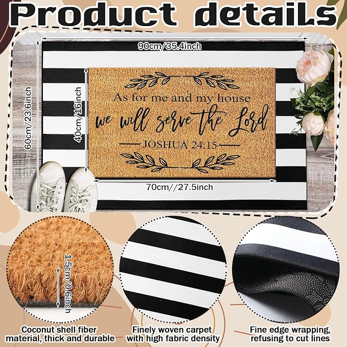 Moucuny 2 Pcs Christian Door Mat 24'' x 35'' Black and White Striped Outdoor Rug 16'' x 28'' as for Me and My House We Will Serve the Lord Non Slip Welcome Coir Mat for Front Decor