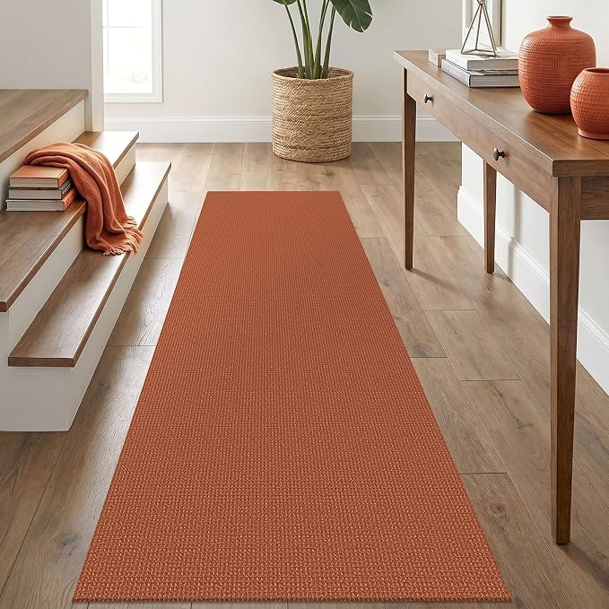 IOHOUZE Washable Runner Rug 2.6x8 Non Slip Rubber Backed Wide Hallway Runner Entryway Runner Indoor, Kitchen Rugs Woven Cotton Floor Carpet for Hall Entrance Bedroom, Burnt Orange/Tan