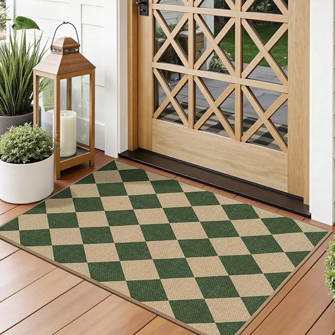 Lessymo Checkered Easy Jute Entryway Rug, 2x3 Washable Front Indoor Mat | Non Slip Area Rugs, Stain Resistant, Non Shed Outdoor Carpet for Kitchen Bathroom Porch Bedroom Bedside, Diamond Green/Beige