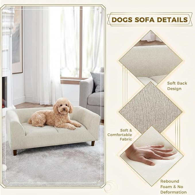Dog Sofa Couch for Medium Dogs, 39" Memory Foam Dog Sofa Bed, Modern Elevated Pet Couch Bed with Wooden Legs for Medium Dogs, Beige Grey