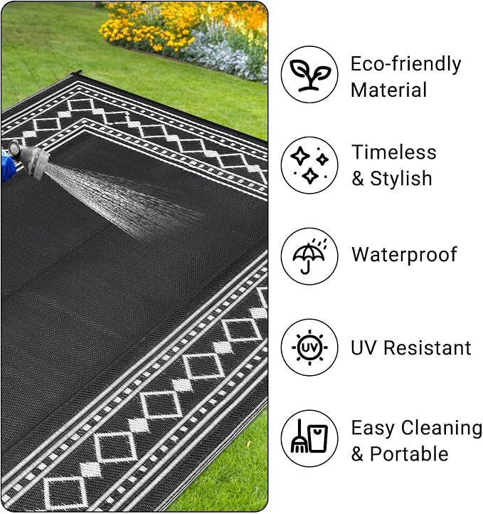 Large Outdoor Rug – 10x14ft Waterproof Reversible Plastic Straw Patio Carpet, Modern Edge, Lightweight, Collapsible – Black and White – Specification