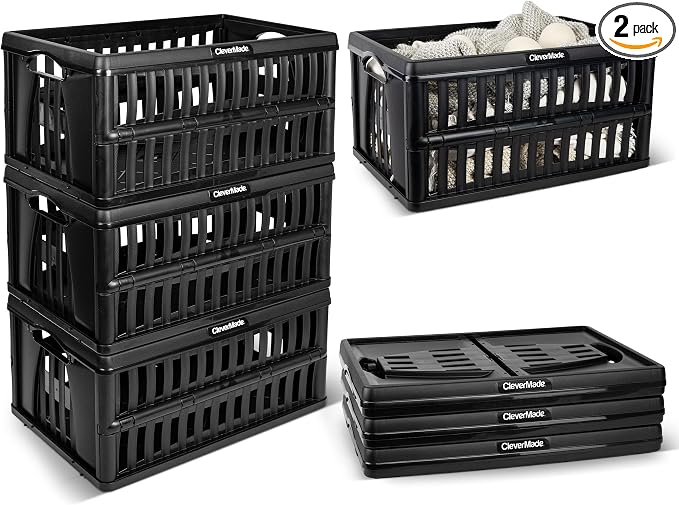 CleverMade Collapsible Utility Crates, 60L, 3 Pack, Obsidian | Each crate carries 66 lb with reinforced base bracing. Stack up to 3 high, then fold to 2.75 inches for shelf storage.